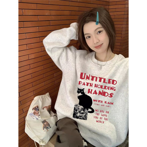 美式复古猫咪圆领卫衣女秋冬宽松