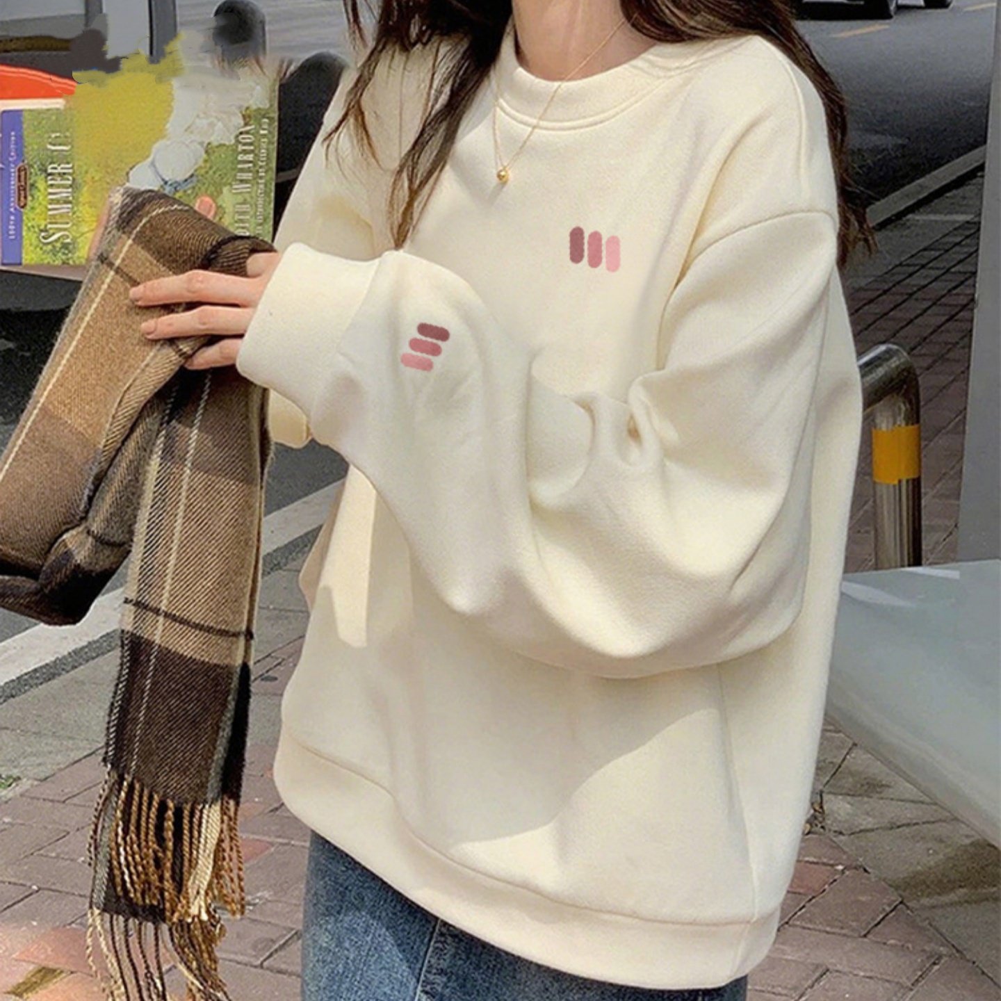 保暖杏色圆领卫衣女2025新款秋冬季加厚加绒初中生套头无帽上衣潮,女装/女士精品,卫衣/绒衫,淘宝优惠券,粉丝福利购,淘宝优惠卷