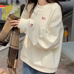 保暖杏色圆领卫衣女2025新款秋冬季加厚加绒初中生套头无帽上衣潮