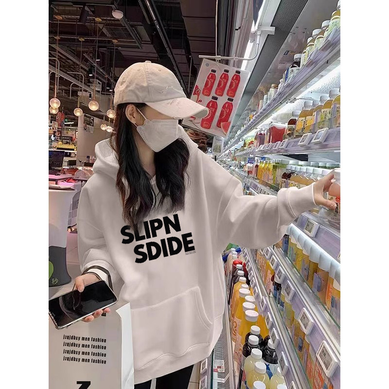 韩版加绒连帽卫衣女大版oversize