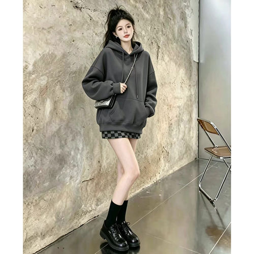 2026新款深灰连帽卫衣女秋冬季