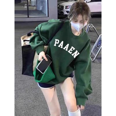 墨绿色加绒无帽卫衣宽松oversize