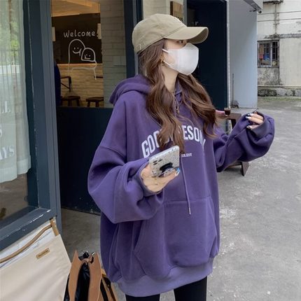 紫色连帽卫衣女秋冬oversize宽松慵懒风大版中长款加绒小个子上衣