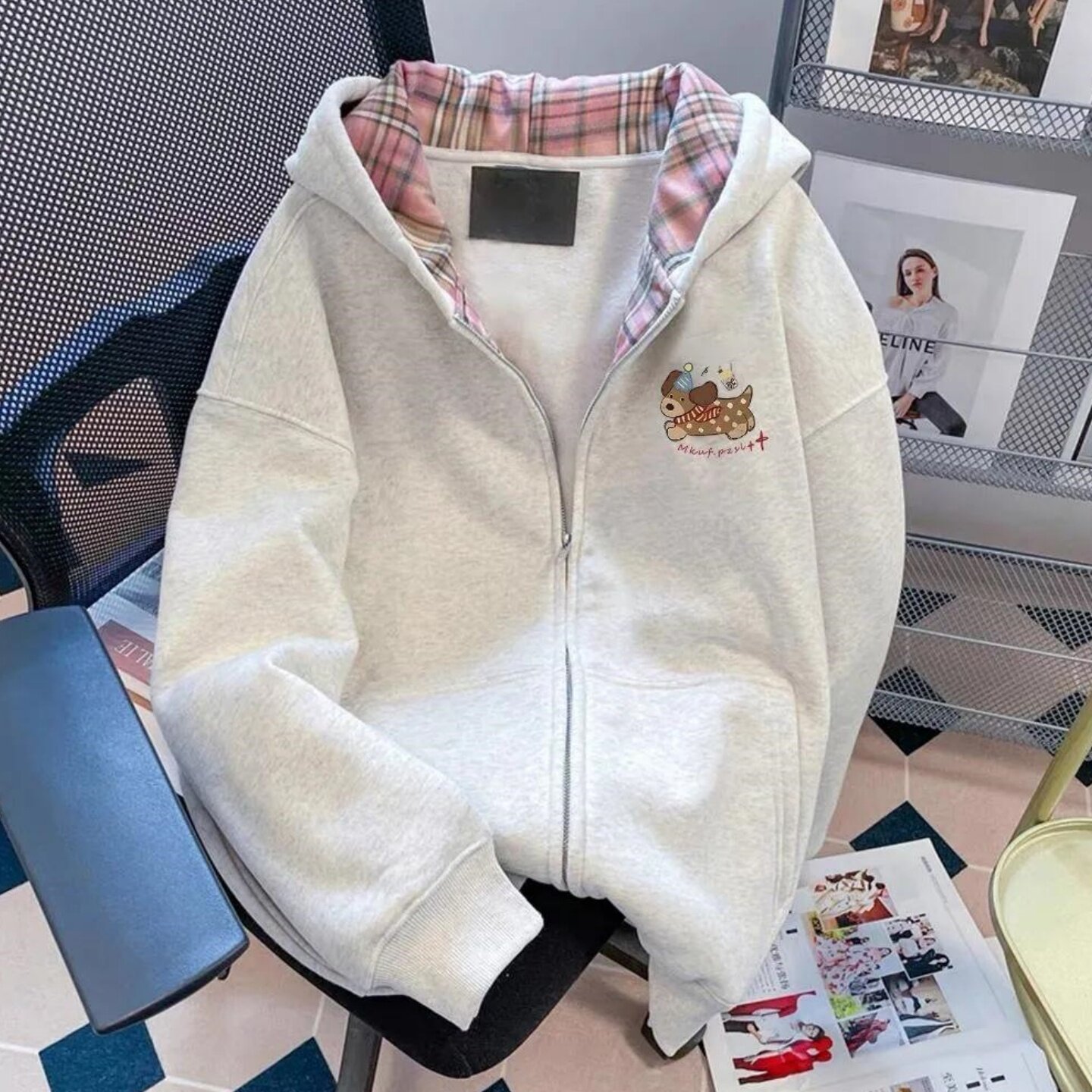 复古小狗印花美式连帽卫衣女加绒加厚宽松学院风格子拼接开衫外套