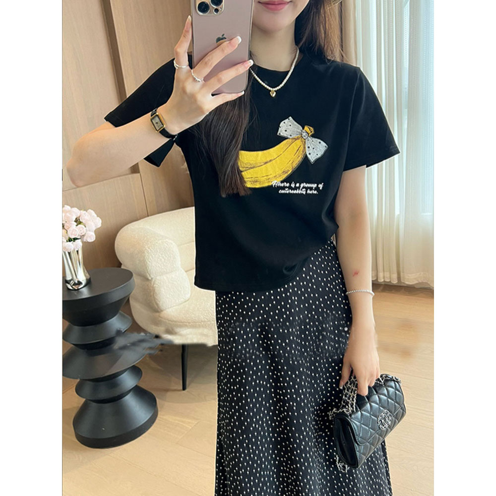2026夏季韩系香蕉蝴蝶结正肩短袖t恤女宽松显瘦洋气独特常规上衣