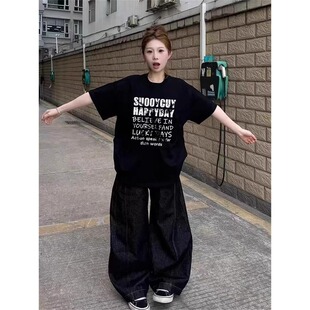 黑色上衣 纯棉国潮美式 高街落肩短袖 t恤女夏季 宽松小众设计感半袖