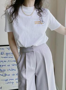 短袖T恤女白色宽松2026年半高领正肩遮肚子半袖上衣设计感小众衫
