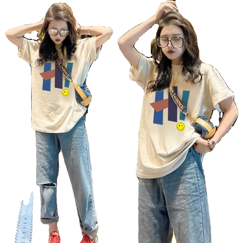 杏色纯棉宽松正肩短袖T恤女2025夏季新款欧货大版设计感上衣ins潮