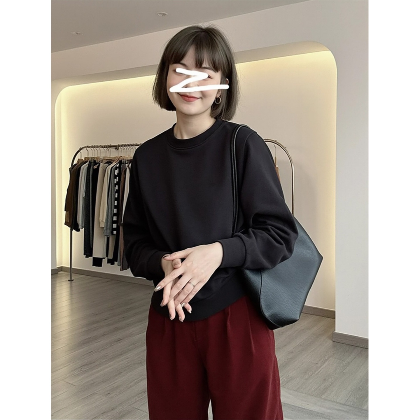 美式圆领无帽卫衣女灰色秋冬