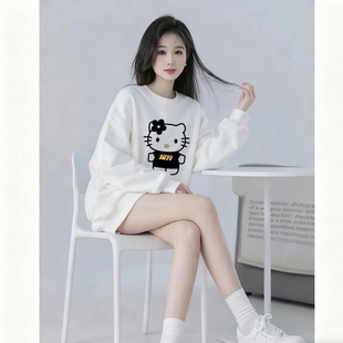 卡通印花圆领加绒加厚重磅卫衣女情侣2026秋冬季 美式 慵懒宽松大码