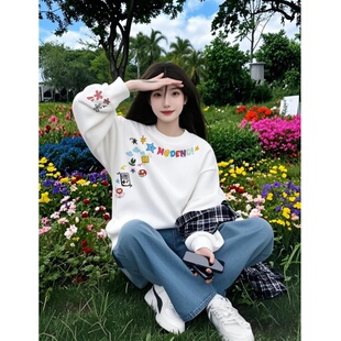 白色圆领卫衣女款2026新款爆款正流行美式潮流巨好看的慵懒chic