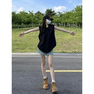 美式 坎肩上衣服ins 背心夏季 外穿吊带t恤女设计感小众宽松黑色无袖
