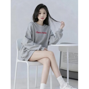 灰色圆领卫衣女秋冬季 小众设计感宽松独特超好看漂亮上衣 2025新款