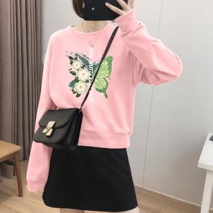 墨绿色短款圆领宽松卫衣女24新款秋冬薄款蝴蝶印花小个子加绒上衣