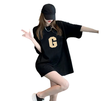 短袖港味复古中长款印花纯棉t恤