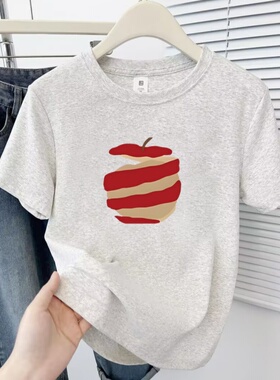 纯棉白灰色设计感苹果印花短袖T恤女2025新款美式内搭显瘦上衣潮