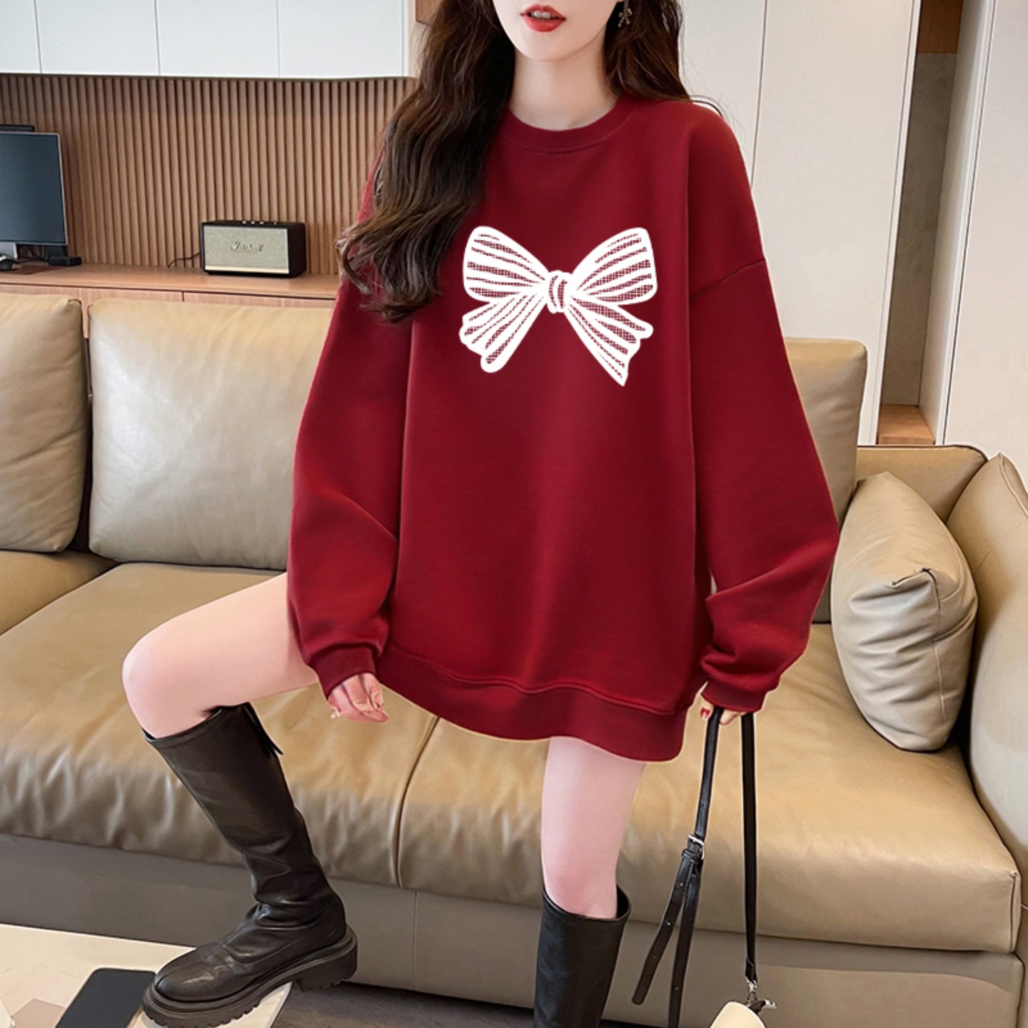 圆领新年衣服红色加绒卫衣女秋冬