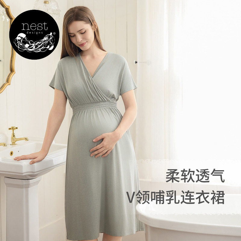 Nest Designs孕妇哺乳连衣裙女士产后睡衣睡裙春夏休闲家居服