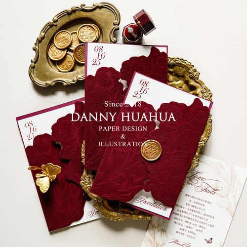 Danny画画复古丝绒红色郁金香婚礼邀请函定制请帖