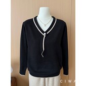 中老年女装 妈妈装 时尚 2026春秋洋气V领飘带撞色边针织衫 大码 上衣