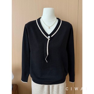 大码 2026春秋洋气V领飘带撞色边针织衫 时尚 妈妈装 上衣 中老年女装