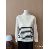 条纹针织衫 洋气上衣 宽松显瘦钉珠中老年女装 波点纱袖 女春夏妈妈装