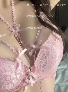 法式性感内衣女纯欲小胸聚拢上托显大带钢圈内搭文胸紫色蕾丝套装