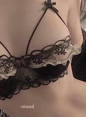 法式内衣纯欲性感蕾丝聚拢大胸显小超薄款半杯镂空带钢圈文胸罩夏