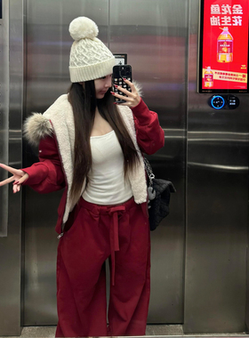 韩系高级感红色超火冬装一整套休闲穿搭加绒毛领卫衣运动服两件套