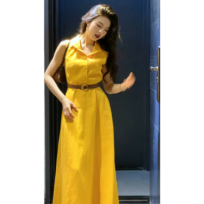 法式气质高级感黄色连衣裙女夏季时尚独特漂亮小香风无袖亚麻裙子