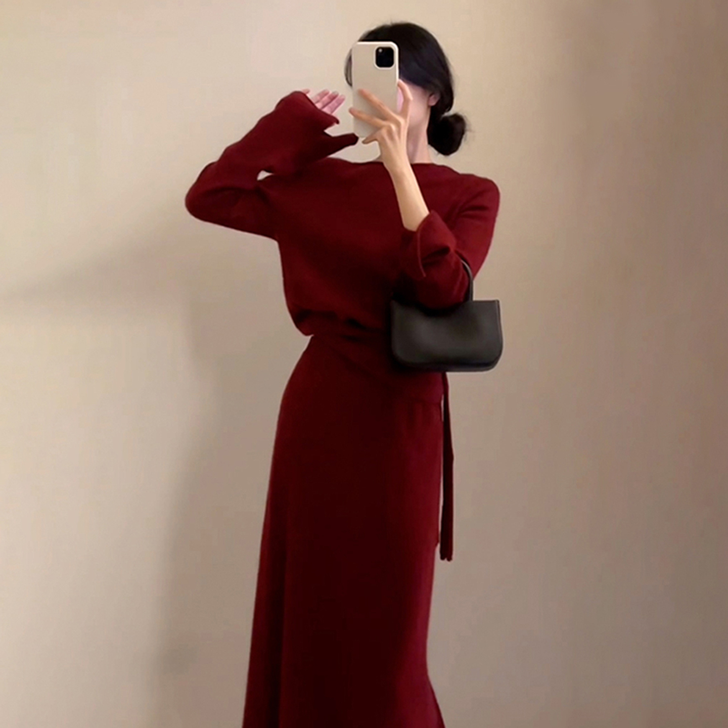 一整套搭配秋装小香风红色毛衣裙