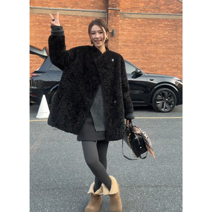 韩系高级感皮毛一体羊羔毛外套女冬宽松中长款加厚双面穿夹克大衣