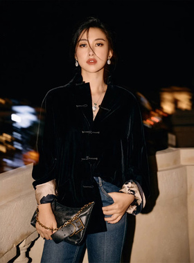 朱珠同款新中式国风黑色丝绒外套女春季2024新款唐装宋锦盘扣上衣