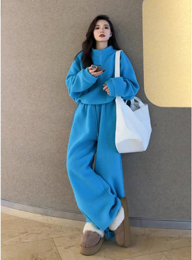 巨好看的蓝色运动套装女韩系高级感加绒加厚卫衣阔腿裤两件套冬装