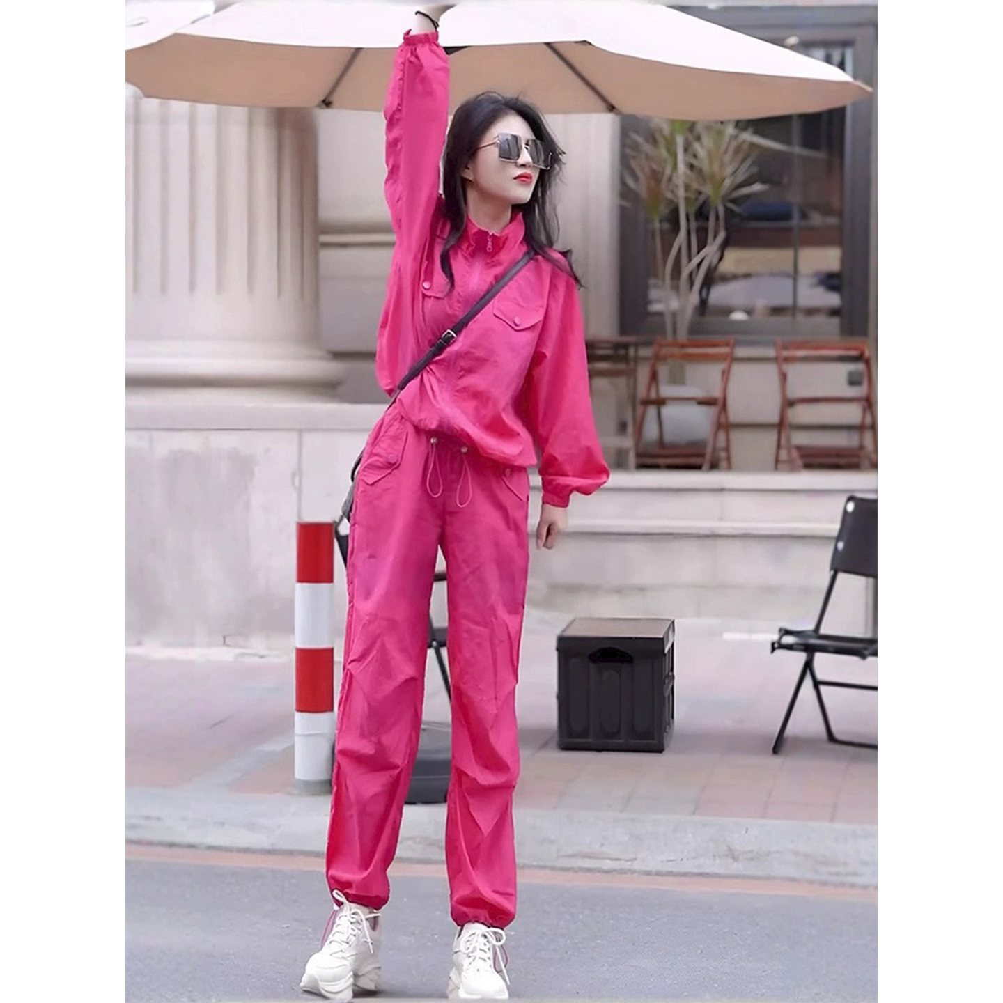 休闲防晒衣玫红色外套工装裤套装