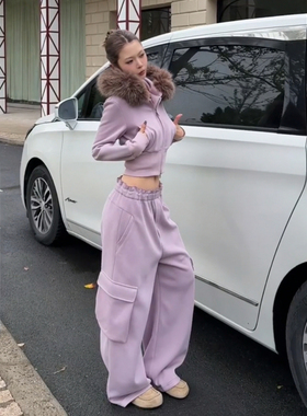 巨好看的紫色小香风休闲穿搭高级感运动服加绒毛领卫衣两件套冬装