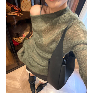 酷飒拽姐一整套穿搭洋气炸街设计感斜肩镂空长袖针织衫短裙套装女