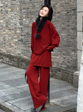 2026超火冬装一整套韩系慵懒针织衫屁帘裤过年衣服高级感红色套装