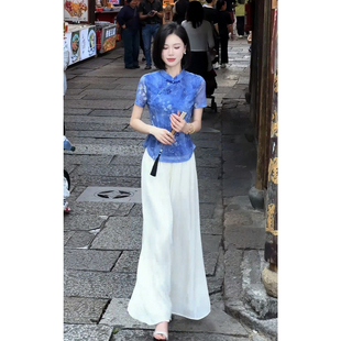 夏季一整套ootd穿搭减龄新中式国风印花衬衫轻熟小众不撞款套装裤