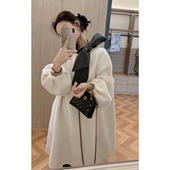 韩系黑白撞色蝴蝶结毛呢连衣裙秋冬季 富家千金赫本风设计感中长款