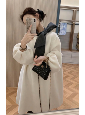 韩系黑白撞色蝴蝶结毛呢连衣裙秋冬季富家千金赫本风设计感中长款