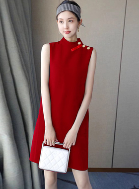 蝴蝶结无袖连衣裙女2025秋冬直筒别致法式遮肚显瘦高级打底A字裙