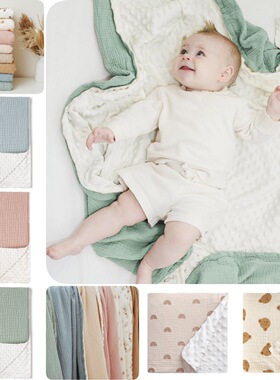 纯色muslin绉布棉纱婴儿盖毯新生儿印花推车包被抱毯安抚豆豆毯