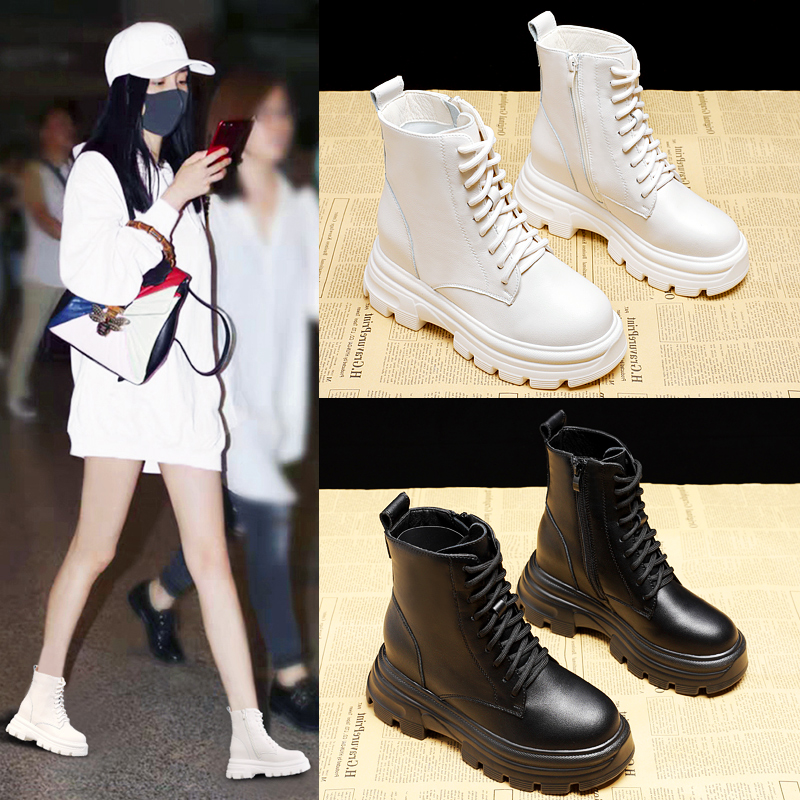 内增高马丁靴女ins潮2025秋冬新款百搭小个子真皮加绒厚底短靴