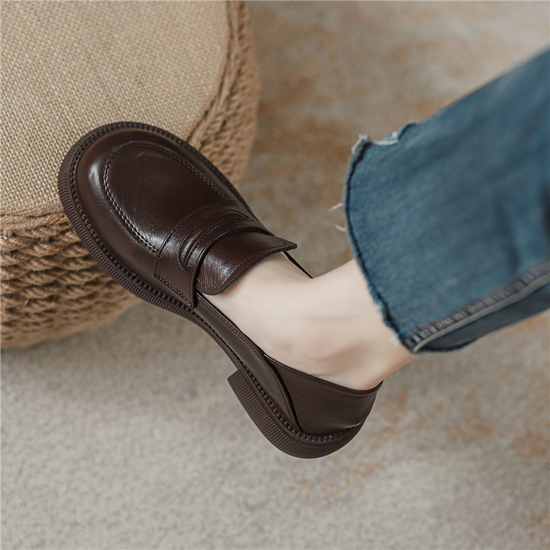 真皮小皮鞋女英伦2025春秋新款冬季加绒乐福鞋厚底一脚蹬大码单鞋