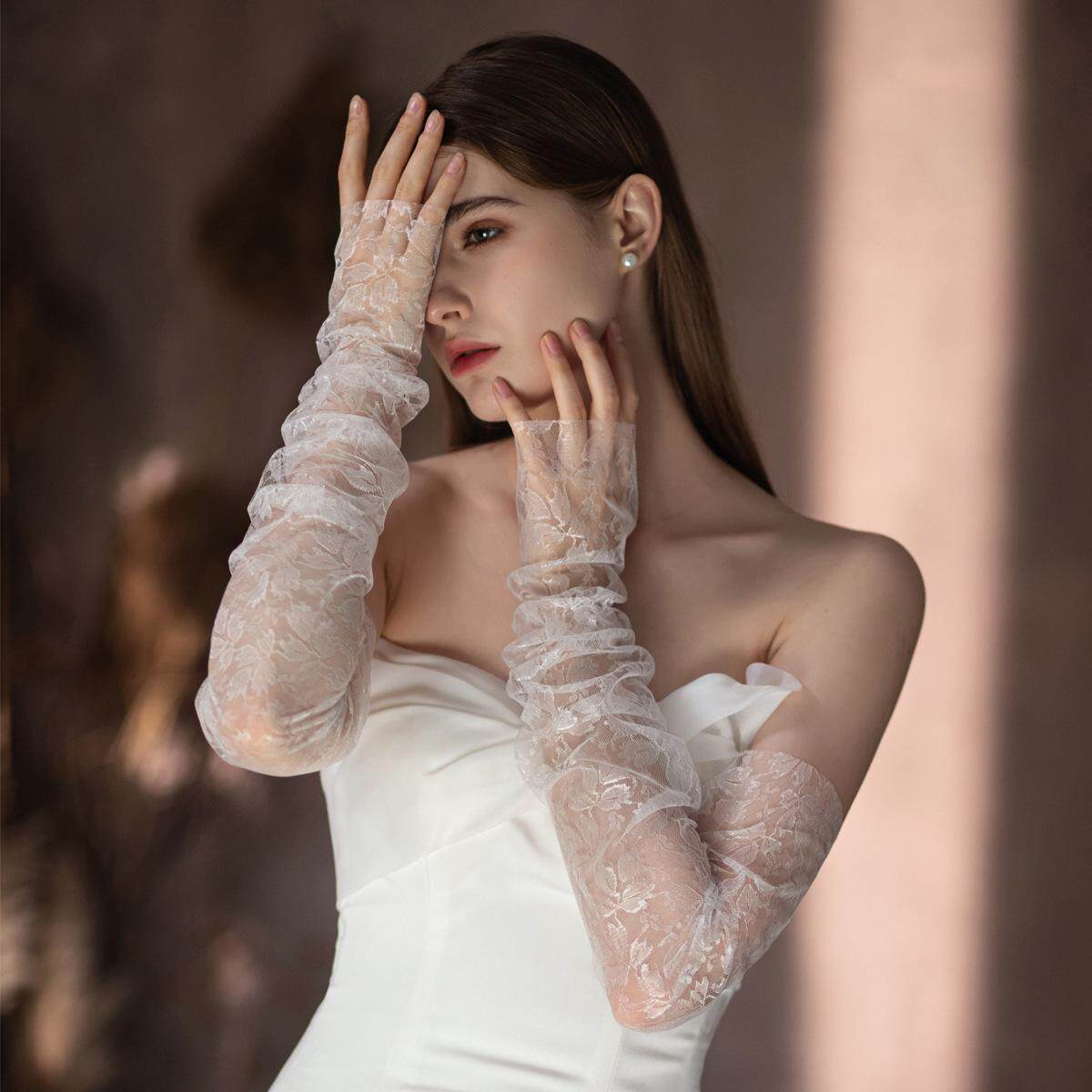 超仙蕾丝长款白色复古新娘无指手套结婚纱礼服晚宴显瘦遮手臂套袖