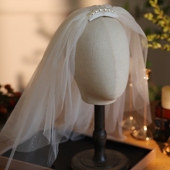 韩式 珍珠硬头纱甜美新娘婚纱礼服跟妆登记领证发饰 森系闪亮片短款