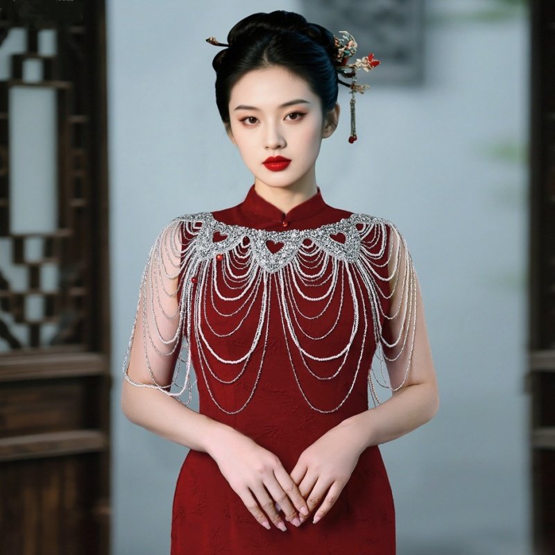 奢华重手工串珍珠水钻流苏肩链高级感新娘婚纱礼服旗袍披肩装饰品
