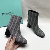 PACO 格纹织物短靴 靴女春秋新款 GIL帕克吉尔撤柜正品 粗跟圆头时装
