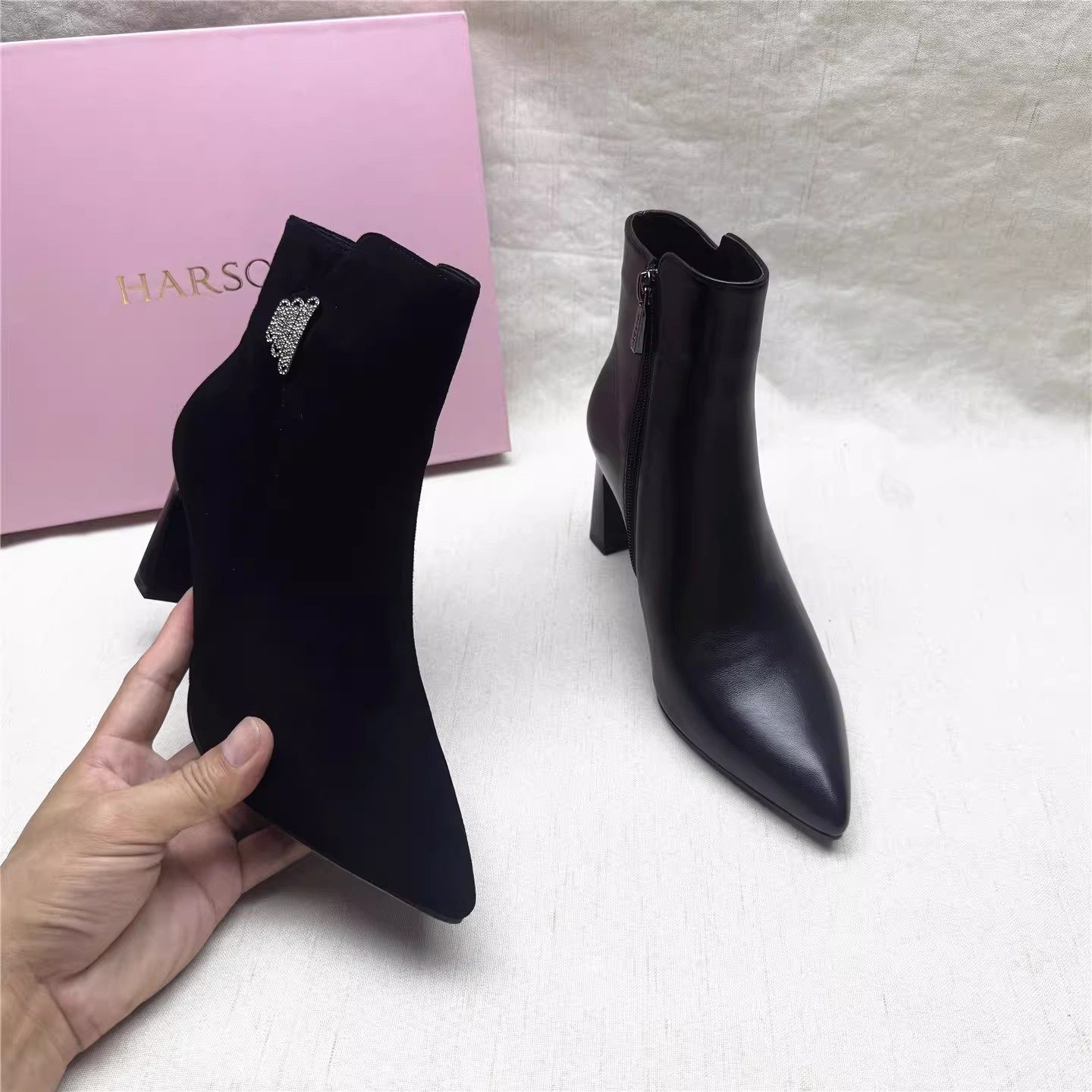 Harson/哈森正品撤柜尖头水钻高跟时装靴女秋冬新款羊皮拉链短靴,女鞋,时装靴,淘宝优惠券,粉丝福利购,淘宝优惠卷